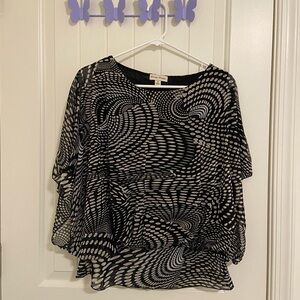 EUC Studio Works women’s‎ black tan sheer patterned loose fit blouse top medium